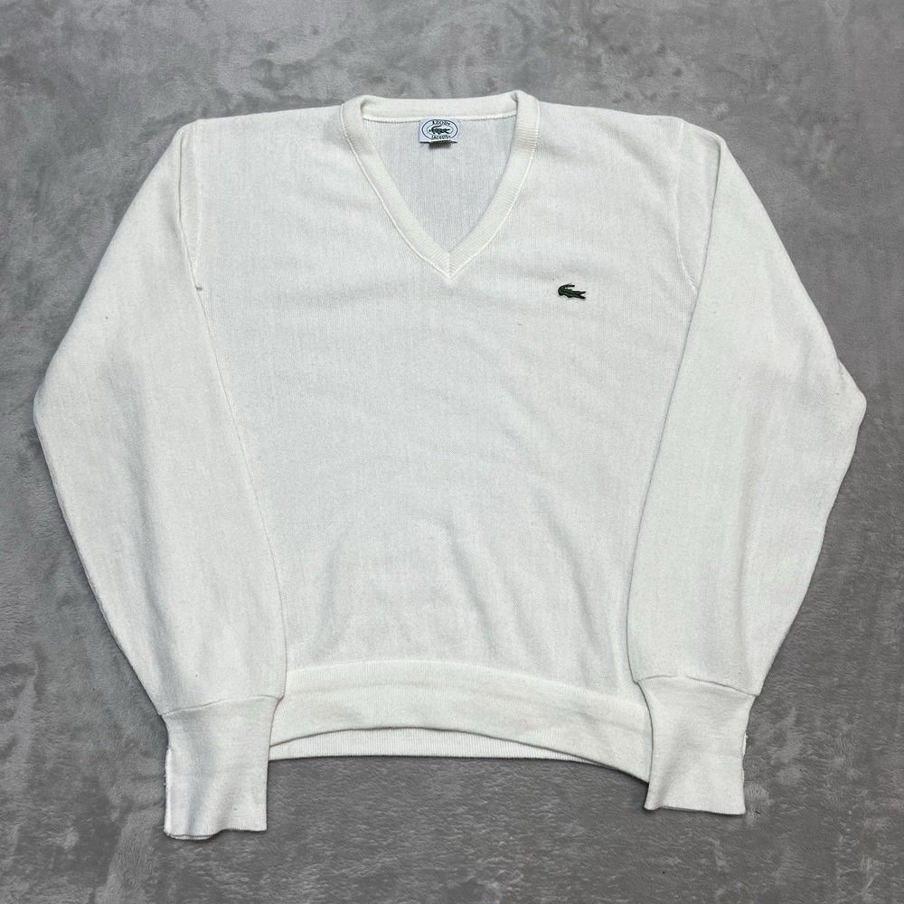 Vintage IZOD Lacoste Crocodile Emblem White Mens Size L Orlon Acrylic Preppy USA
